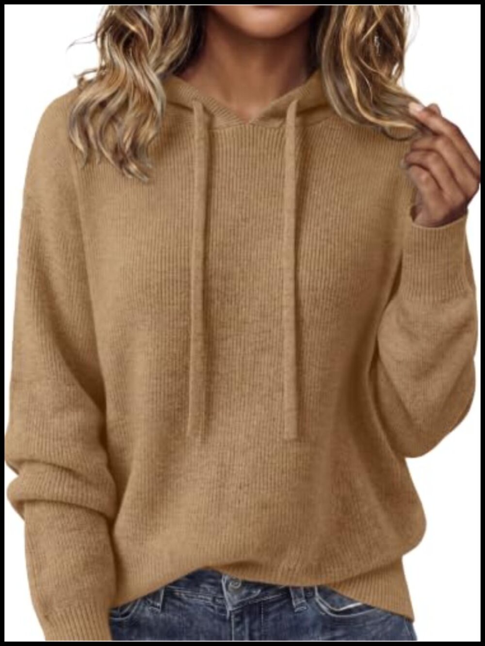 Womens Soft Knit Hooded Pullover Sweater Drawstring Long Sleeve Loose Fit